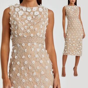 Mac Duggal 67853 Size 14 White Beige Nude 3D Floral Sleeveless Midi Sheath Dress
